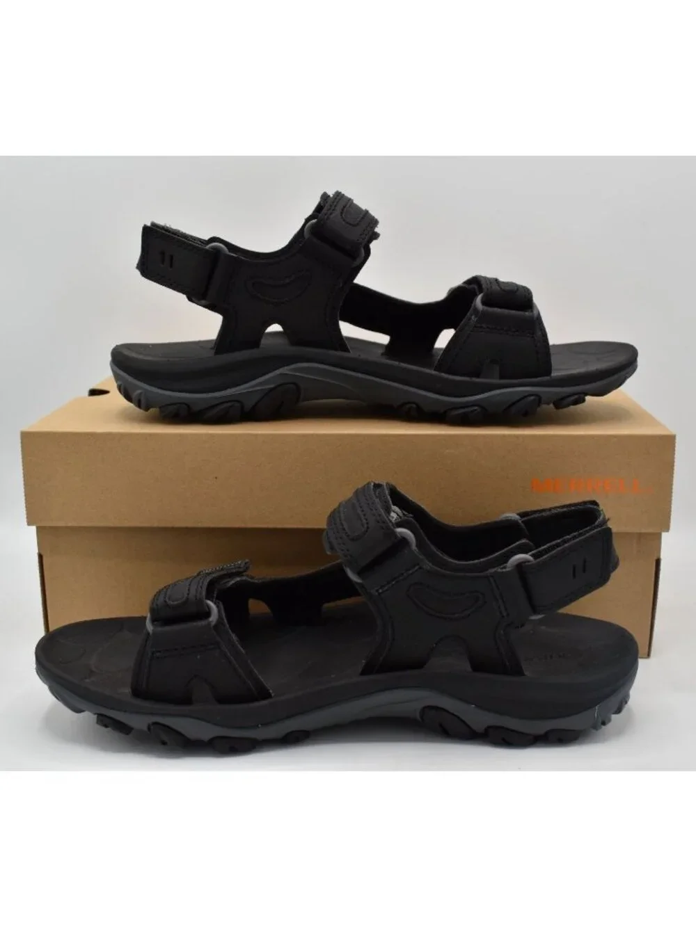 Merrell Men 10 Huntington Sport Convertible Black Leather Open Toe Sandals Shoes